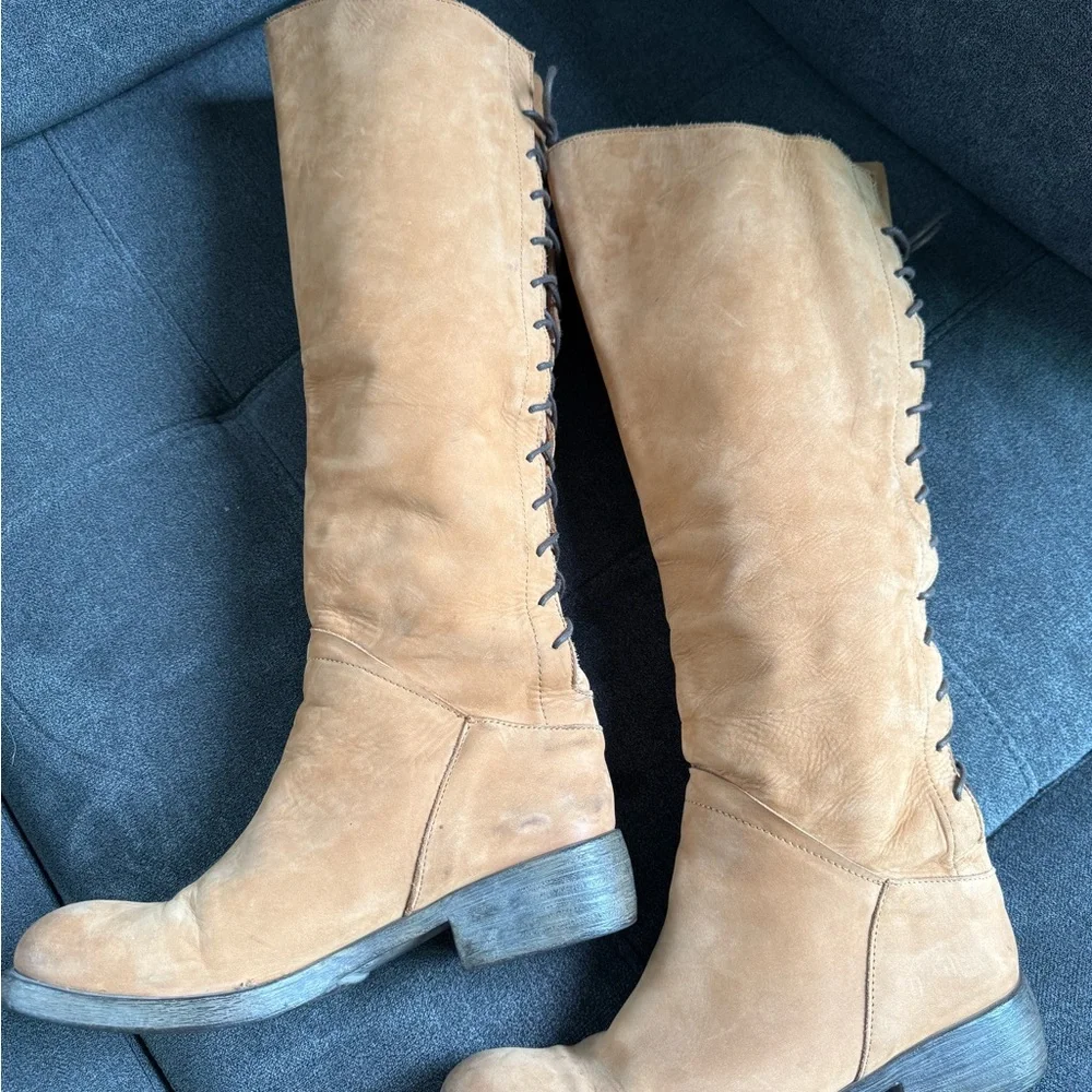 Sundance Tall Lace-Back Suede Boots in Tan